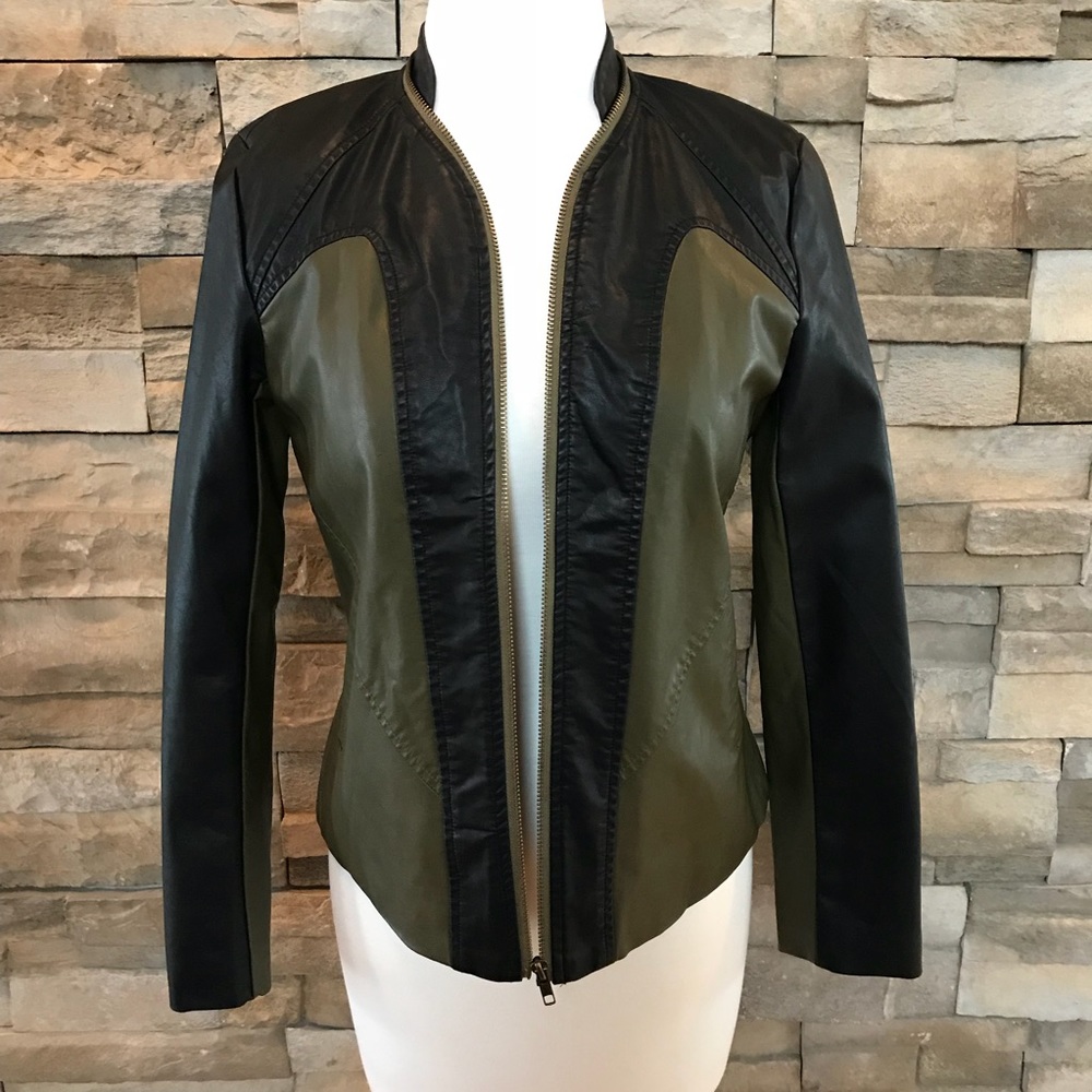 Black and olive green faux leather jacket